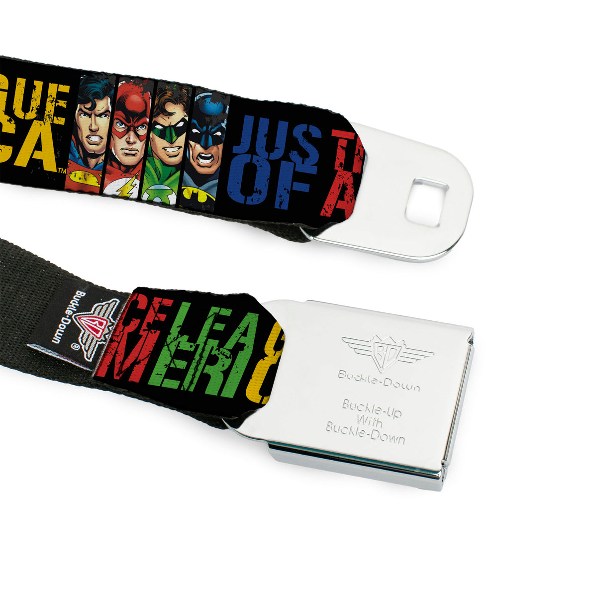 JUSTICE LEAGUE OF AMERICA Badge Black/White/Red/Blue Seatbelt Belt - JUSTICE LEAGUE OF AMERICA w/Superhero Blocks Black/Multi Color Webbing Seatbelt Belts DC Comics