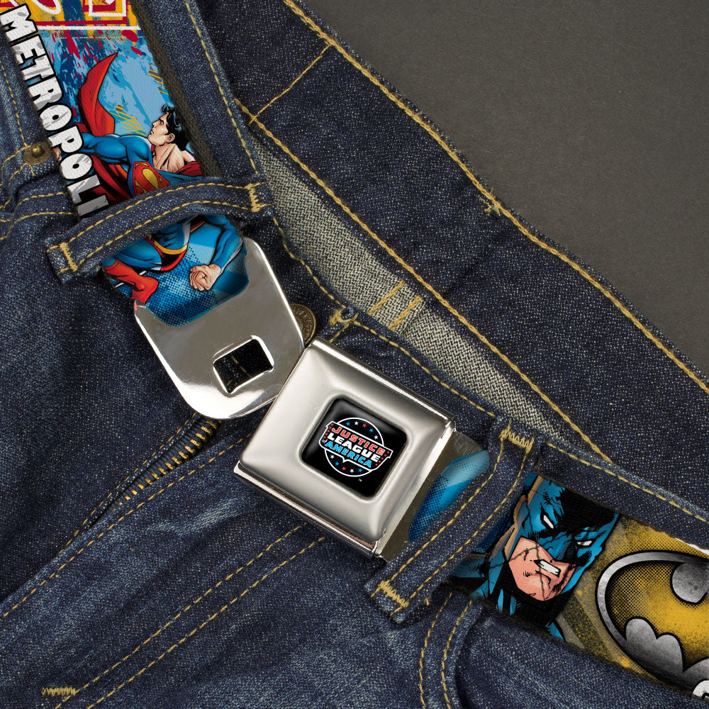 JUSTICE LEAGUE OF AMERICA Badge Black/White/Red/Blue Seatbelt Belt - Superman-METROPOLIS/Batman-GOTHAM CITY/Green Lantern-PLANET MOGO Webbing Seatbelt Belts DC Comics