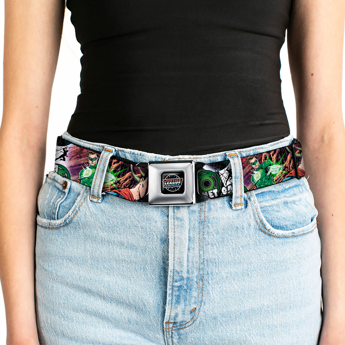 JUSTICE LEAGUE OF AMERICA Badge Black/White/Red/Blue Seatbelt Belt - Superman-METROPOLIS/Batman-GOTHAM CITY/Green Lantern-PLANET MOGO Webbing Seatbelt Belts DC Comics