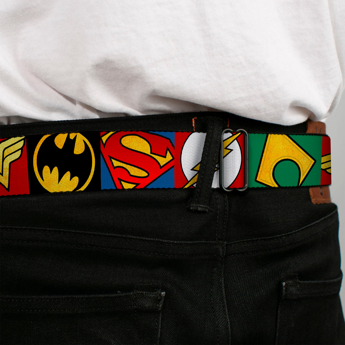 JUSTICE LEAGUE Shield Full Color Black/White/Red Seatbelt Belt - Justice League 5-Superhero Textured Logo CLOSE-UP Blocks Webbing Seatbelt Belts DC Comics
