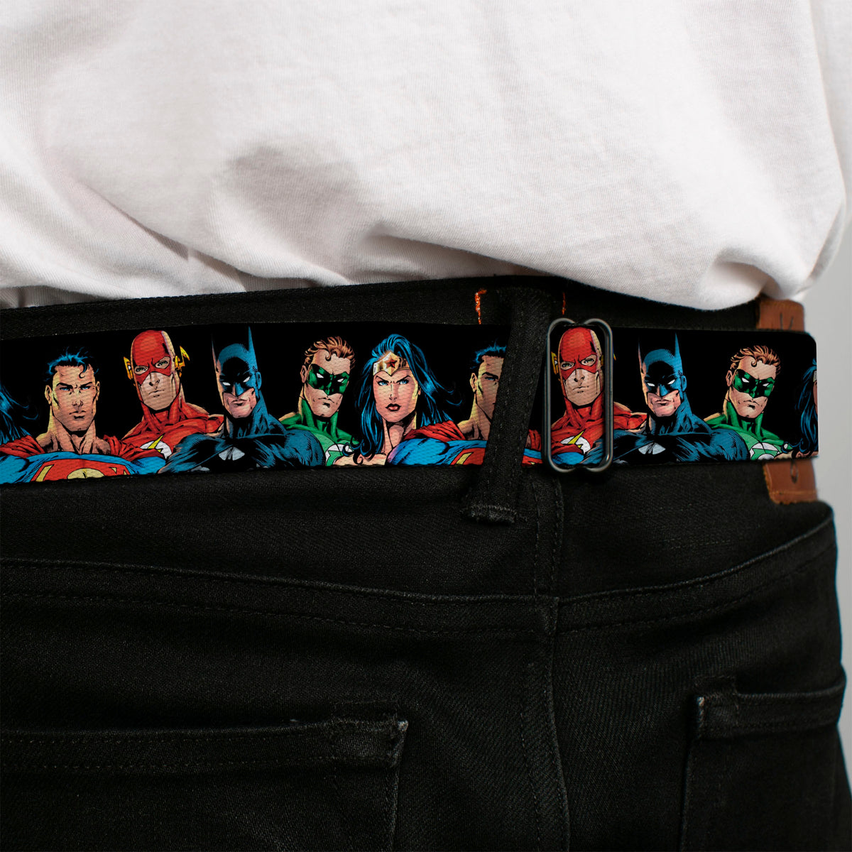 Justice League of America Black Full Color Seatbelt Belt - Justice League Elite Forces Superheroes Webbing Seatbelt Belts DC Comics