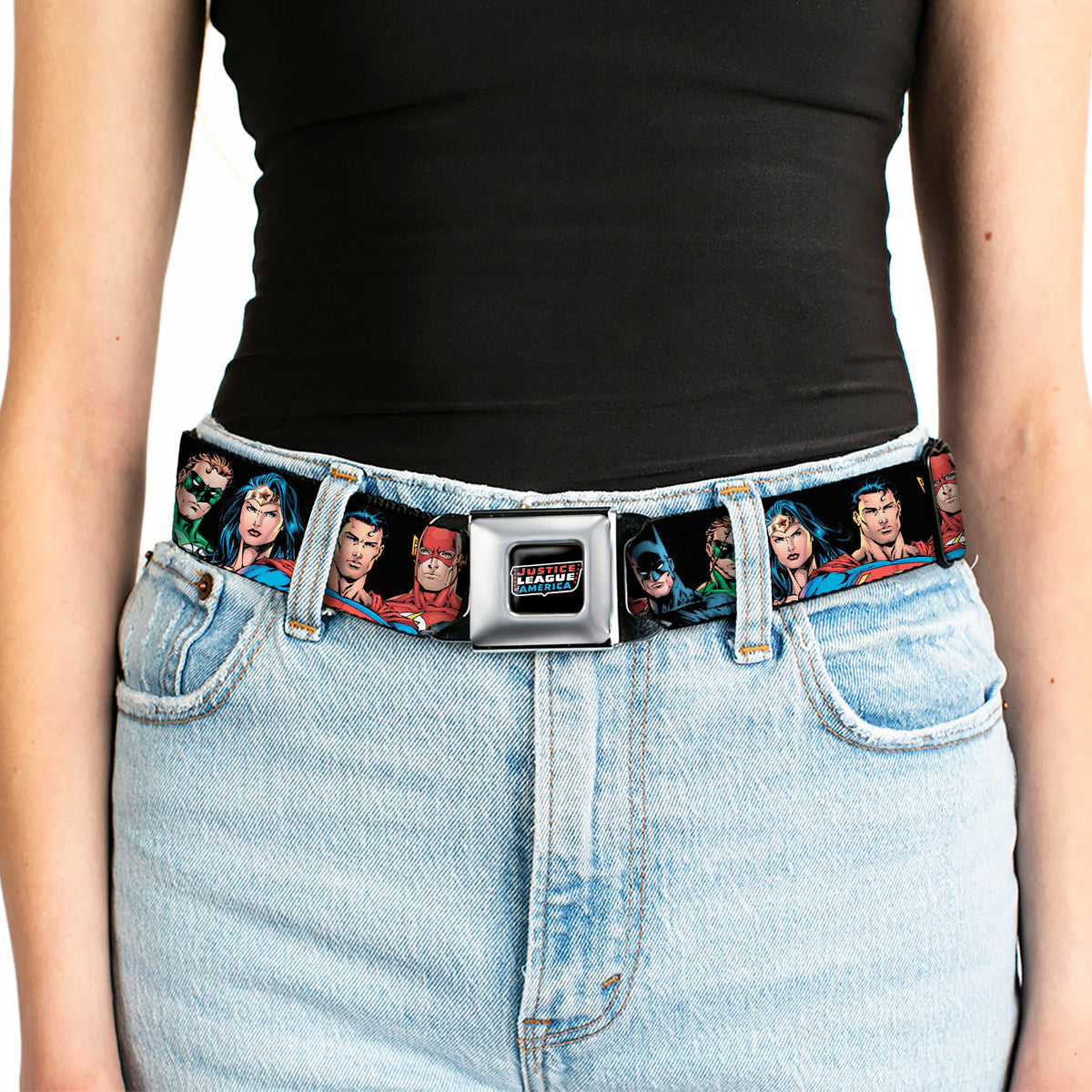 Justice League of America Black Full Color Seatbelt Belt - Justice League Elite Forces Superheroes Webbing Seatbelt Belts DC Comics