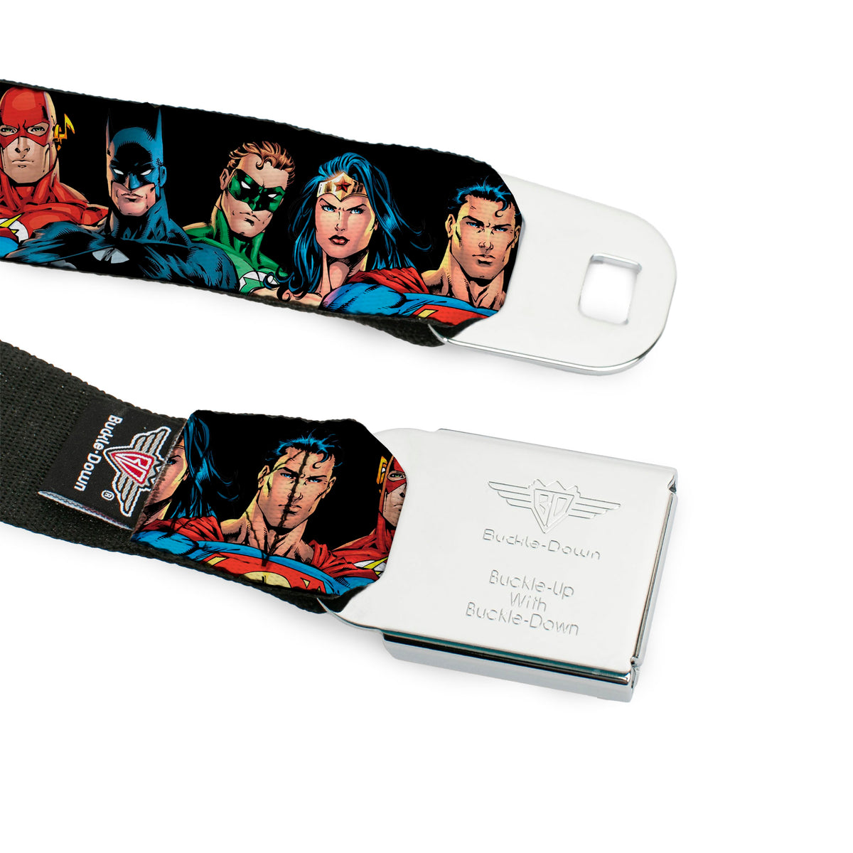 Justice League of America Black Full Color Seatbelt Belt - Justice League Elite Forces Superheroes Webbing Seatbelt Belts DC Comics