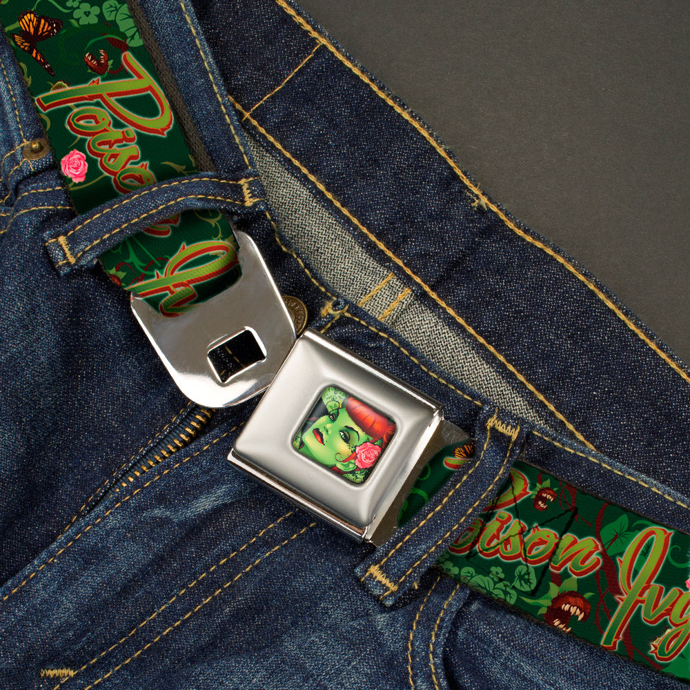 Poison Ivy Pin-Up Face Full Color Seatbelt Belt - POISON IVY Bombshell Poses Greens/Reds Webbing Seatbelt Belts DC Comics