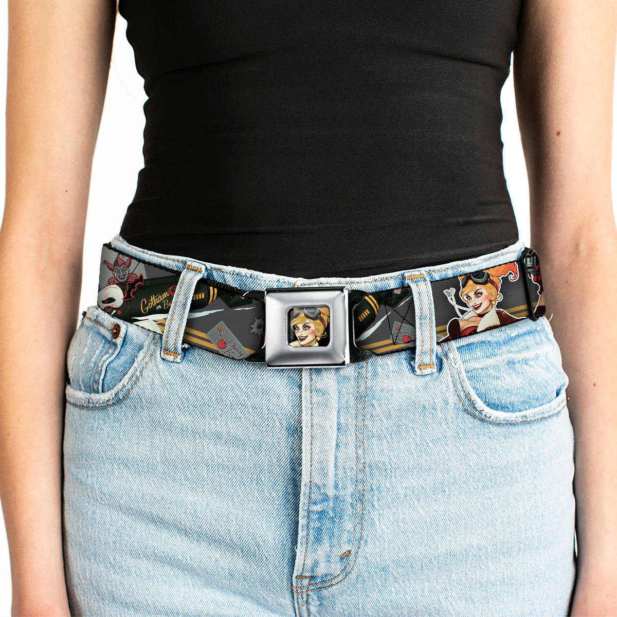 Harley Quinn Bombshell Pin-Up Face Full Color Seatbelt Belt - Harley Quinn Aviation Pin-Up Pose/GOTHAM OR BUST Webbing Seatbelt Belts DC Comics
