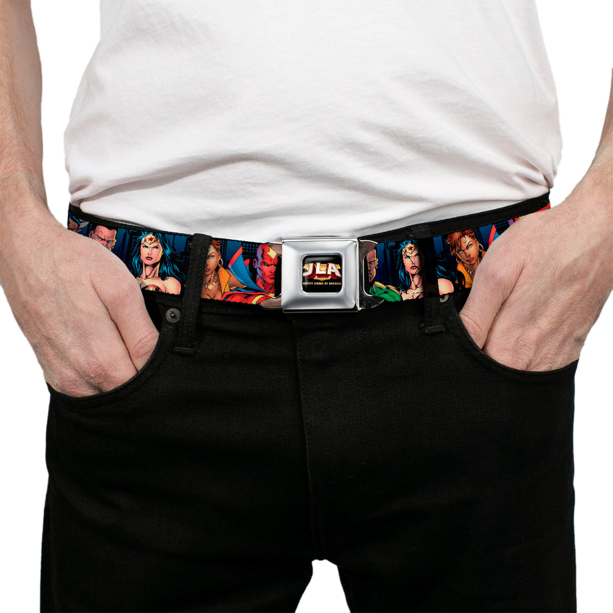 JLA-JUSTICE LEAGUE OF AMERICA Logo Full Color Black Gold Red Seatbelt Belt - Justice League New 52 14-Superheroes Group Pose Webbing Seatbelt Belts DC Comics
