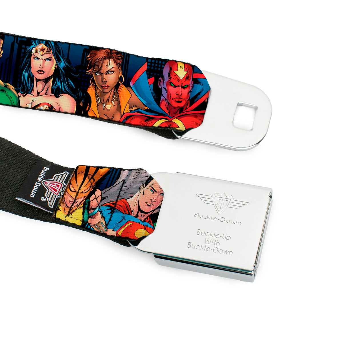 JLA-JUSTICE LEAGUE OF AMERICA Logo Full Color Black Gold Red Seatbelt Belt - Justice League New 52 14-Superheroes Group Pose Webbing Seatbelt Belts DC Comics