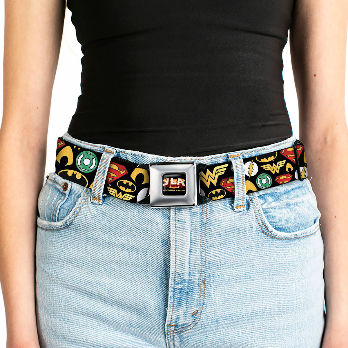 JLA-JUSTICE LEAGUE OF AMERICA Logo Full Color Black Gold Red Seatbelt Belt - Justice League 6-Superhero Logos Collage Black Webbing Seatbelt Belts DC Comics