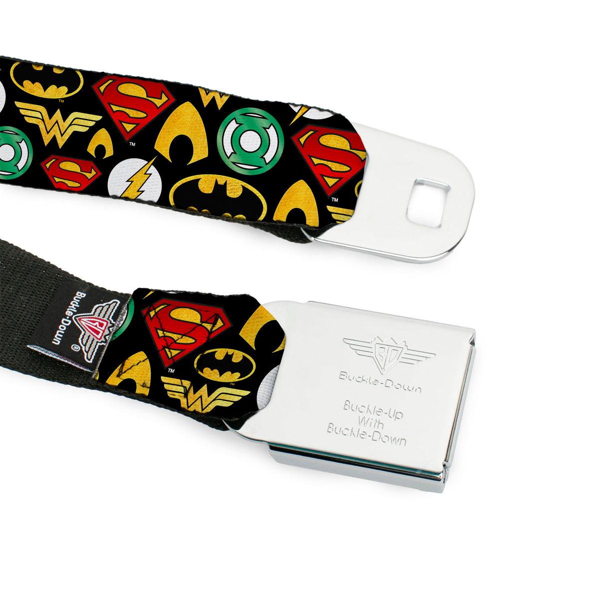 JLA-JUSTICE LEAGUE OF AMERICA Logo Full Color Black Gold Red Seatbelt Belt - Justice League 6-Superhero Logos Collage Black Webbing Seatbelt Belts DC Comics