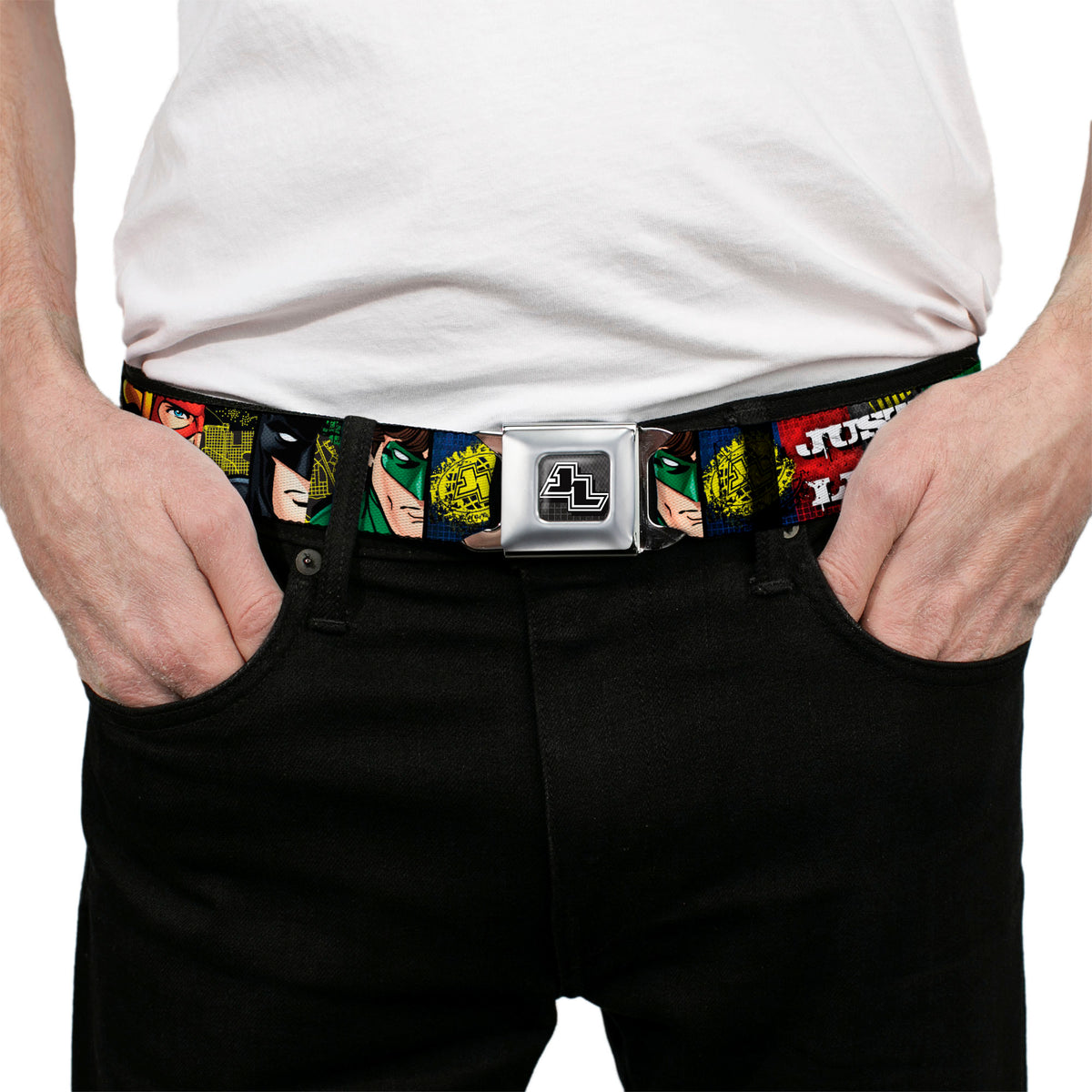 JL Logo Full Color Grays Black White Seatbelt Belt - JUSTICE LEAGUE Logo/4-Superhero Panels Pop Art Webbing Seatbelt Belts DC Comics