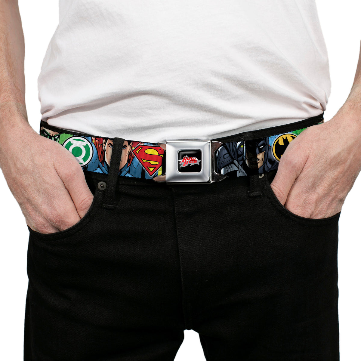 JUSTICE LEAGUE Star Logo Full Color Black Silver-Fade Red Seatbelt Belt - Justice League 4-Superhero CLOSE-UP Poses/Logos Webbing Seatbelt Belts DC Comics