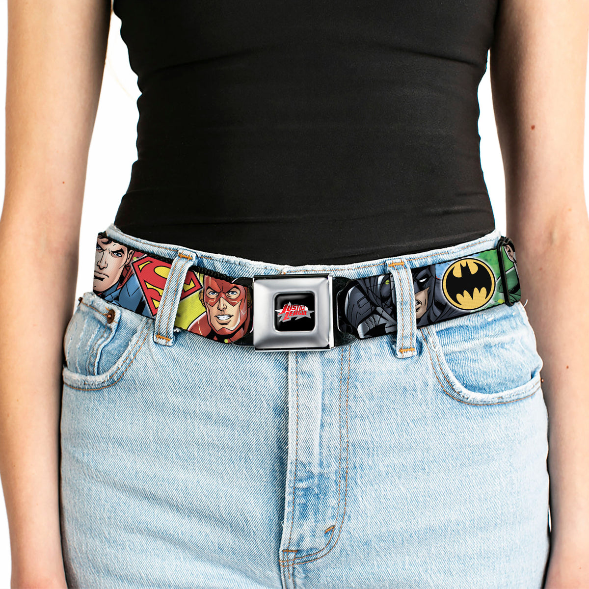 JUSTICE LEAGUE Star Logo Full Color Black Silver-Fade Red Seatbelt Belt - Justice League 4-Superhero CLOSE-UP Poses/Logos Webbing Seatbelt Belts DC Comics