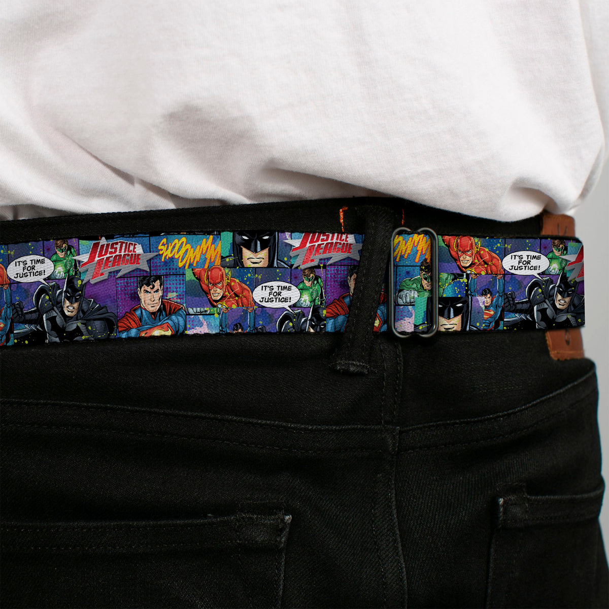 JUSTICE LEAGUE Star Logo Full Color Black Silver-Fade Red Seatbelt Belt - JUSTICE LEAGUE-IT'S TIME FOR JUSTICE 4-Superhero Pose Blocks Collage Purples/Blues Webbing Seatbelt Belts DC Comics