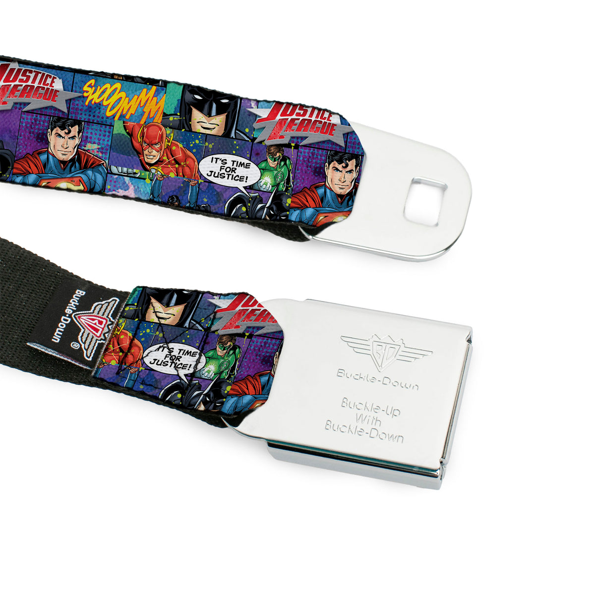 JUSTICE LEAGUE Star Logo Full Color Black Silver-Fade Red Seatbelt Belt - JUSTICE LEAGUE-IT'S TIME FOR JUSTICE 4-Superhero Pose Blocks Collage Purples/Blues Webbing Seatbelt Belts DC Comics
