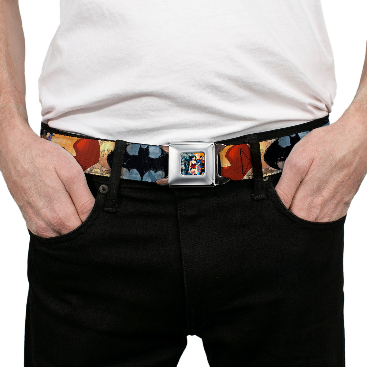 DC Comics Trinity Group Pose Full Color Seatbelt Belt - DC Comics Trinity Group Pose/Logos Webbing Seatbelt Belts DC Comics