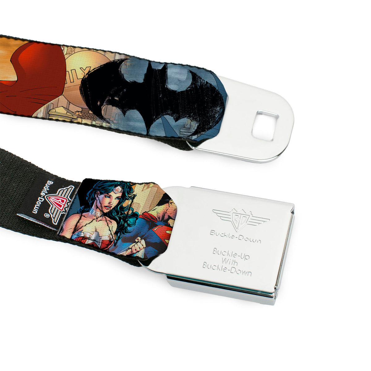 DC Comics Trinity Group Pose Full Color Seatbelt Belt - DC Comics Trinity Group Pose/Logos Webbing Seatbelt Belts DC Comics