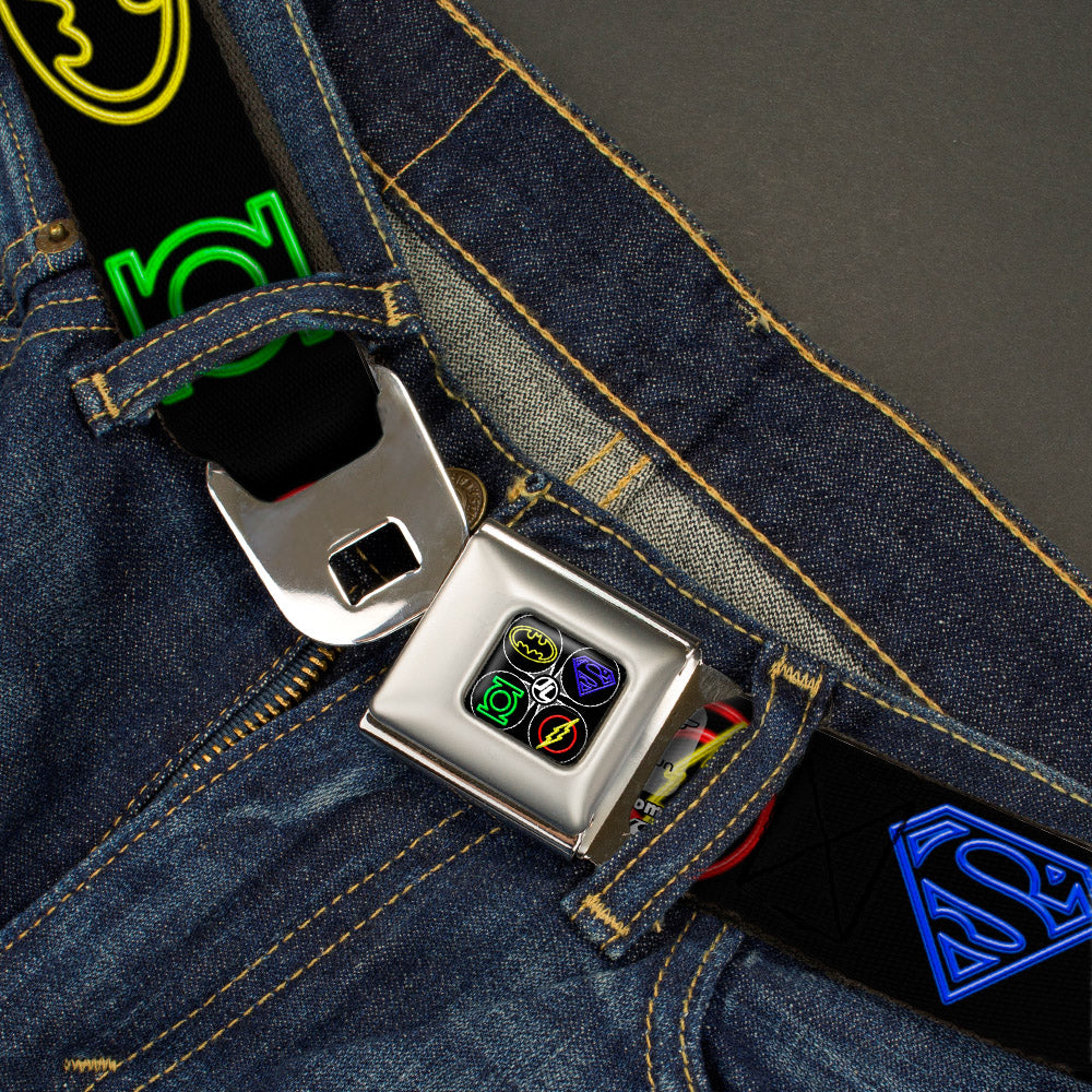 JL-Batman Superman Green Lantern Flash Electric Logos Full Color Black White Multi Neon Seatbelt Belt - Justice League Electric Logos Black/Multi Neon Webbing Seatbelt Belts DC Comics