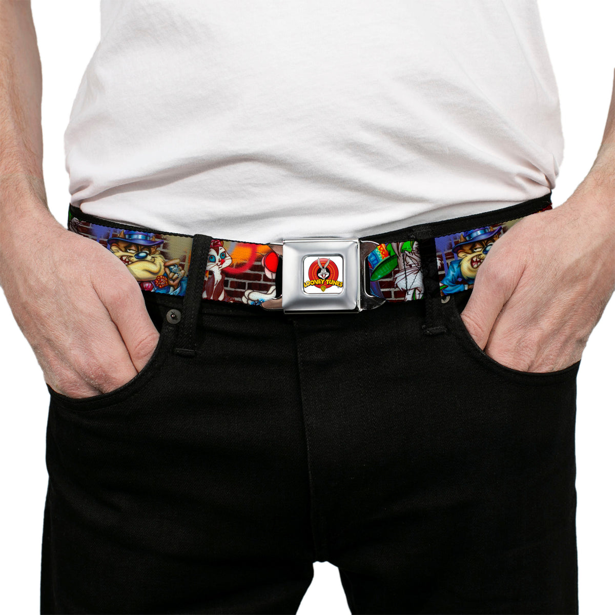 Looney Tunes Logo Full Color White Seatbelt Belt - Looney Tunes 5-Airbrushed Character Poses/Brick Wall Webbing Seatbelt Belts Looney Tunes