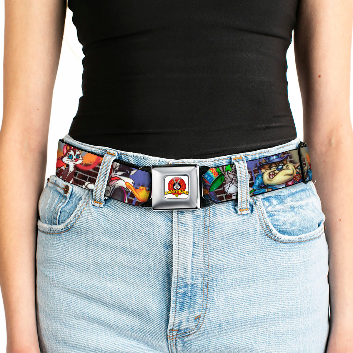 Looney Tunes Logo Full Color White Seatbelt Belt - Looney Tunes 5-Airbrushed Character Poses/Brick Wall Webbing Seatbelt Belts Looney Tunes