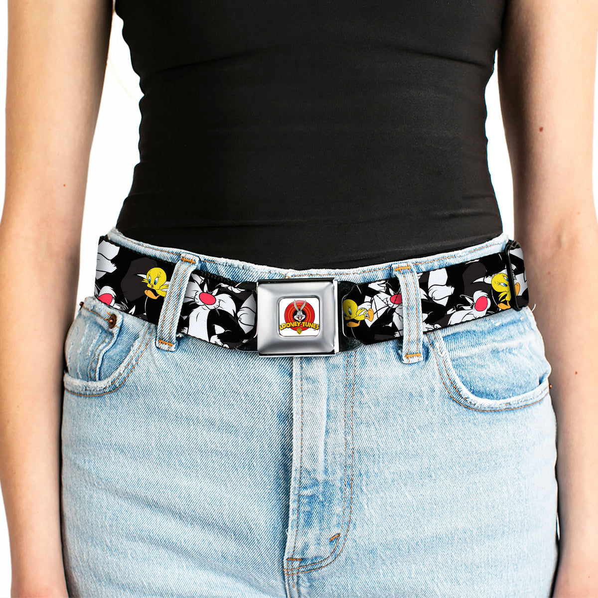 Looney Tunes Logo Full Color White Seatbelt Belt - Sylvester and Tweety Poses Scattered Charcoal Webbing Seatbelt Belts Looney Tunes