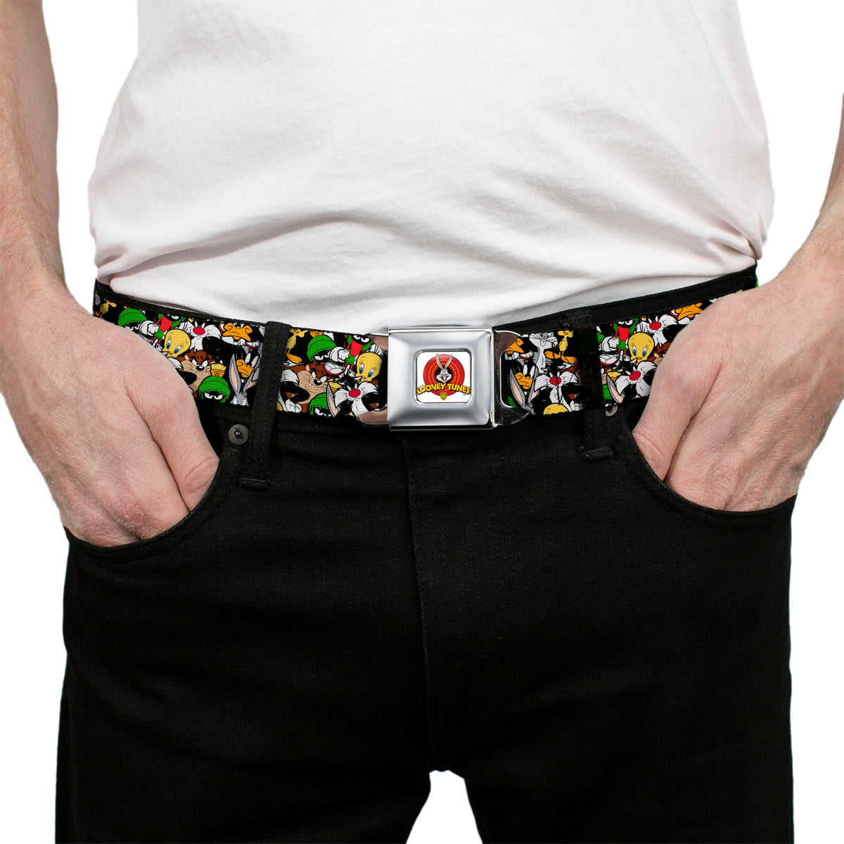 Looney Tunes Logo Full Color White Seatbelt Belt - Looney Tunes 6-Character Stacked Collage3 Webbing Seatbelt Belts Looney Tunes
