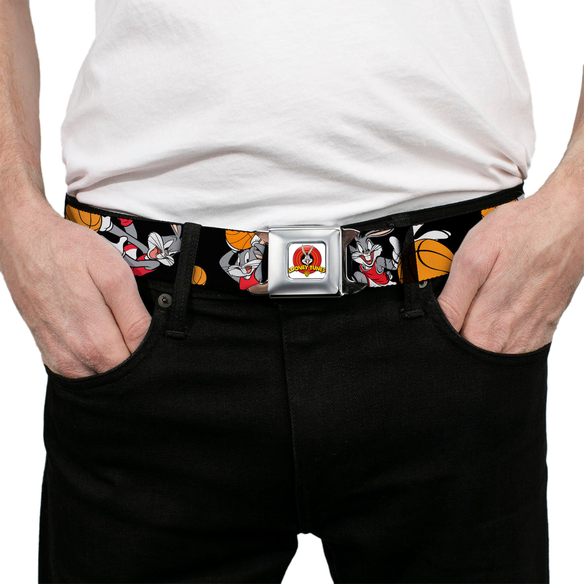 Looney Tunes Logo Full Color White Seatbelt Belt - Bugs Bunny 4-Basketball Poses Black Webbing Seatbelt Belts Looney Tunes