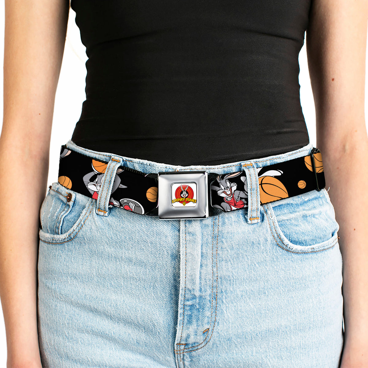 Looney Tunes Logo Full Color White Seatbelt Belt - Bugs Bunny 4-Basketball Poses Black Webbing Seatbelt Belts Looney Tunes