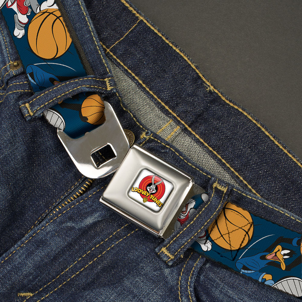 Looney Tunes Logo Full Color White Seatbelt Belt - Looney Tunes Basketball 8-Player Action Poses Navy Webbing Seatbelt Belts Looney Tunes