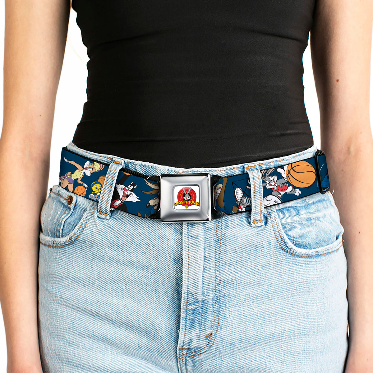 Looney Tunes Logo Full Color White Seatbelt Belt - Looney Tunes Basketball 8-Player Action Poses Navy Webbing Seatbelt Belts Looney Tunes