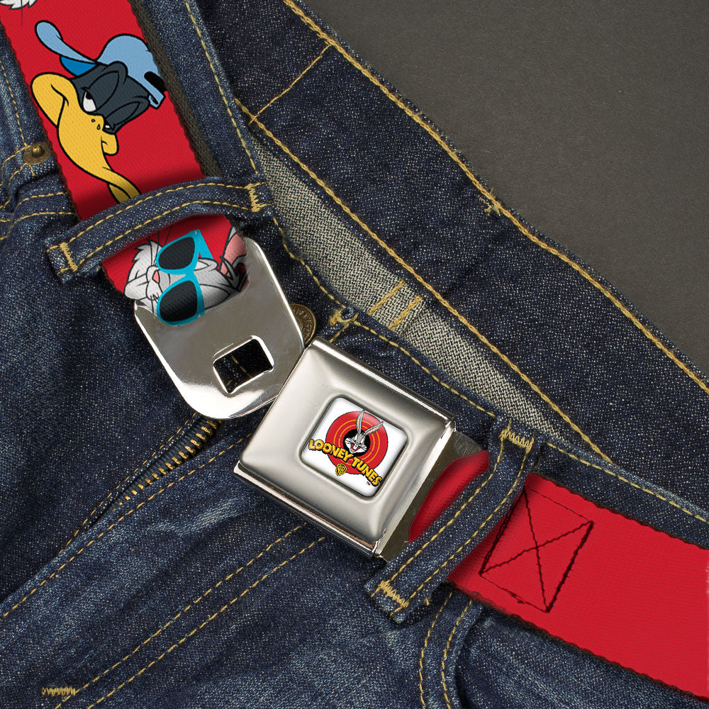 Looney Tunes Logo Full Color White Seatbelt Belt - Bugs Bunny & Daffy Duck Hip Hop Expression Red Webbing Seatbelt Belts Looney Tunes