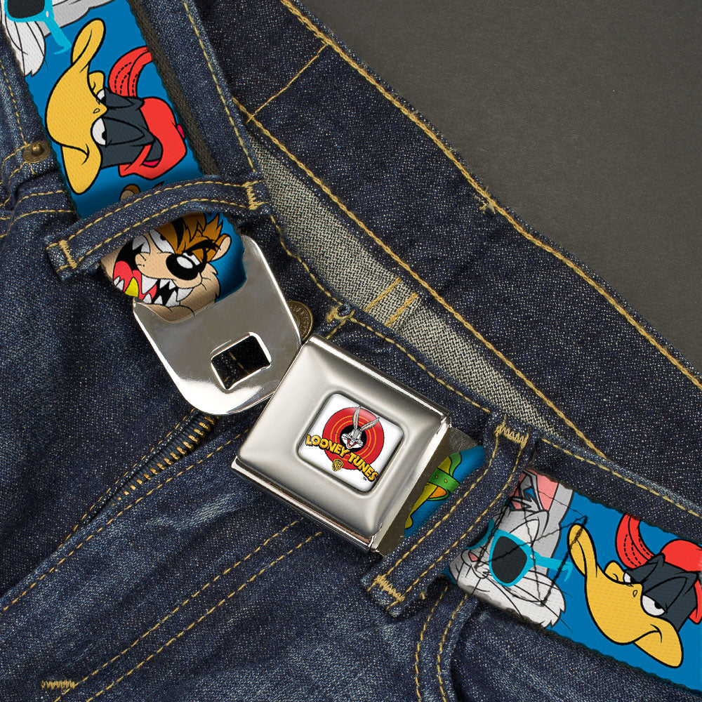 Looney Tunes Logo Full Color White Seatbelt Belt - Looney Tunes 4-Hip Hop Expressions Blue Webbing Seatbelt Belts Looney Tunes