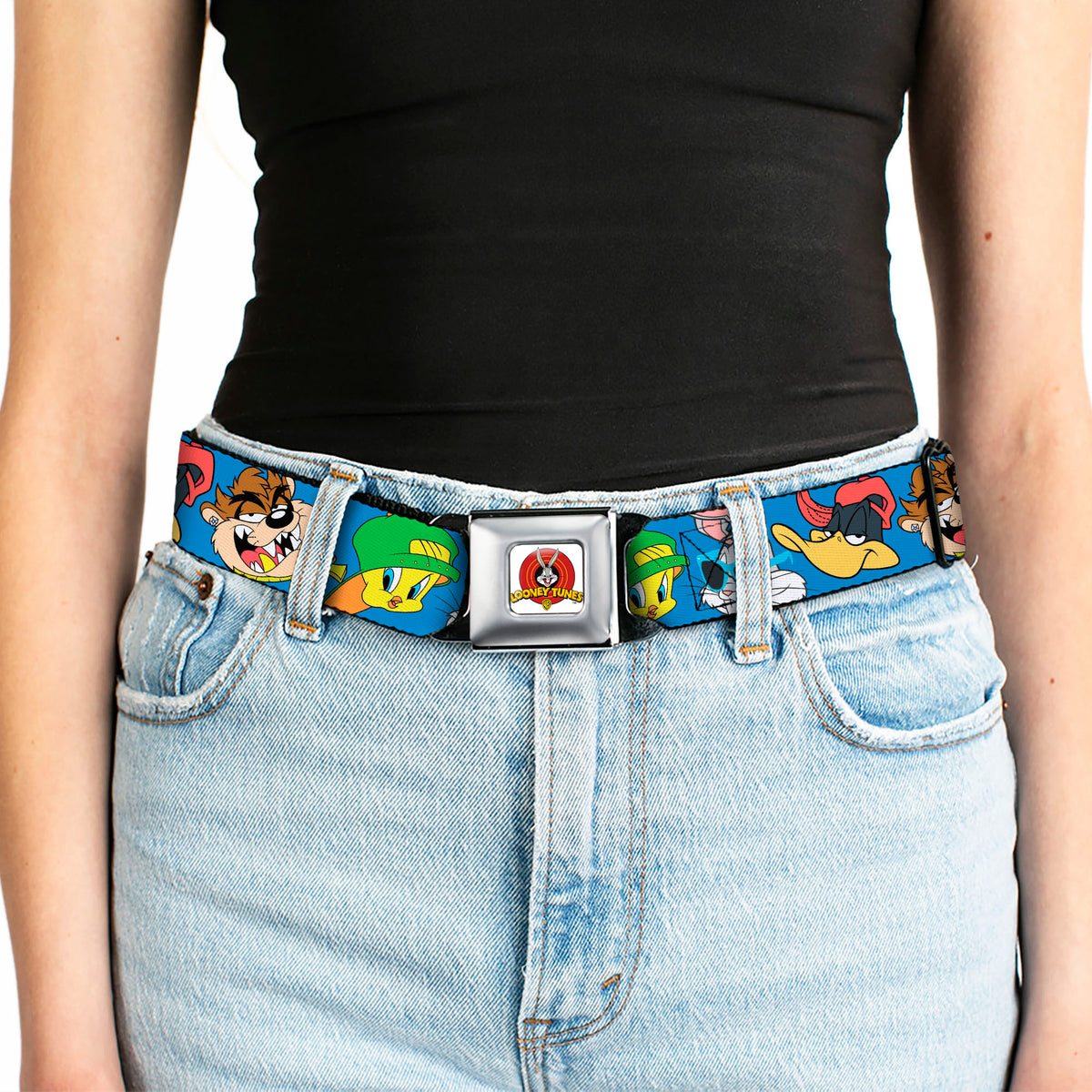 Looney Tunes Logo Full Color White Seatbelt Belt - Looney Tunes 4-Hip Hop Expressions Blue Webbing Seatbelt Belts Looney Tunes