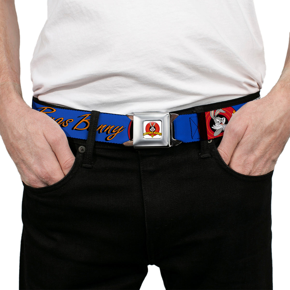 Looney Tunes Logo Full Color White Seatbelt Belt - BUGS BUNNY w/Bugs Poses Blue Webbing Seatbelt Belts Looney Tunes