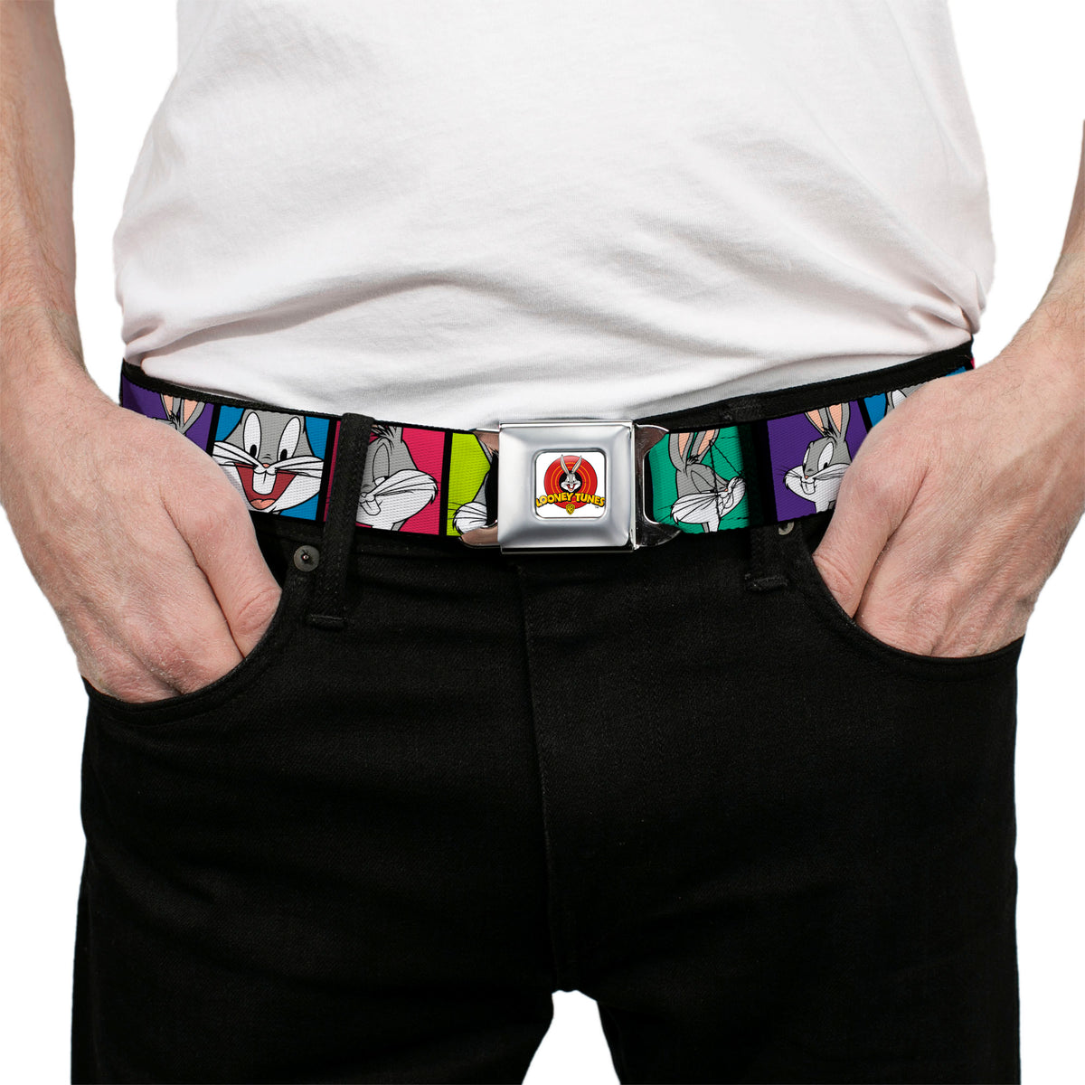 Looney Tunes Logo Full Color White Seatbelt Belt - Bugs Bunny Expression Blocks Multi Color Webbing Seatbelt Belts Looney Tunes