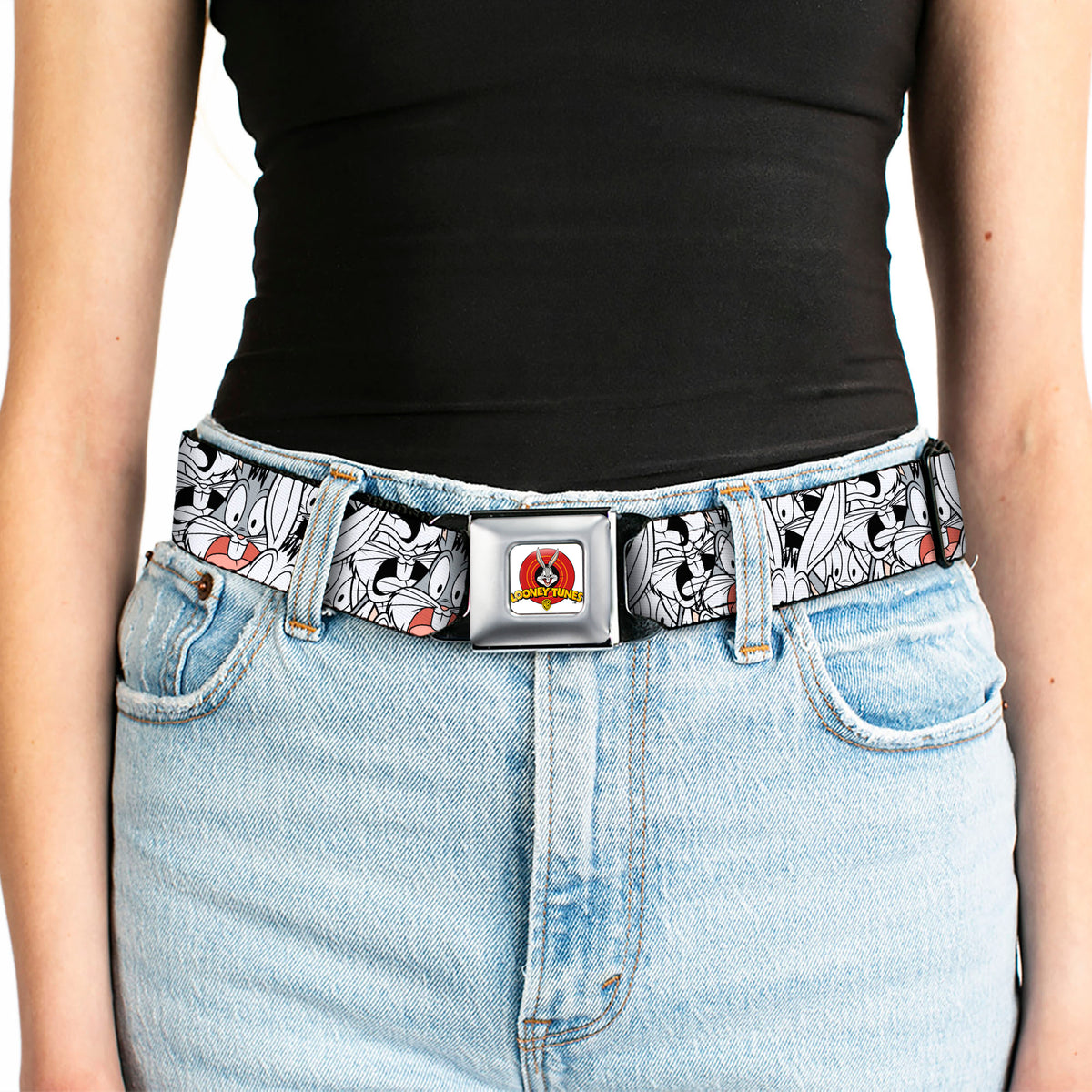 Looney Tunes Logo Full Color White Seatbelt Belt - Bugs Bunny Expressions Stacked White/Black/Gray Webbing Seatbelt Belts Looney Tunes