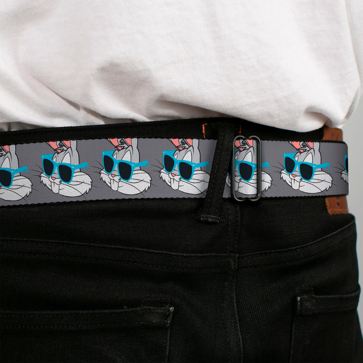 Looney Tunes Logo Full Color White Seatbelt Belt - Bugs Bunny Sunglasses Expression Gray Webbing Seatbelt Belts Looney Tunes