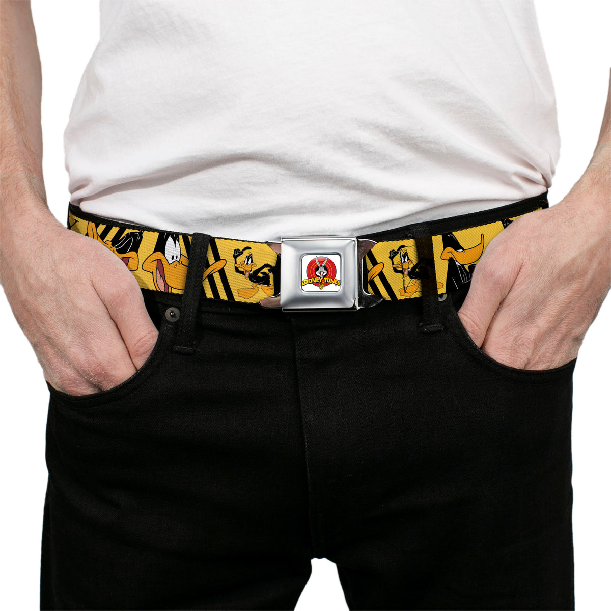 Looney Tunes Logo Full Color White Seatbelt Belt - DAFFY DUCK w/Poses Yellow/Black Webbing Seatbelt Belts Looney Tunes