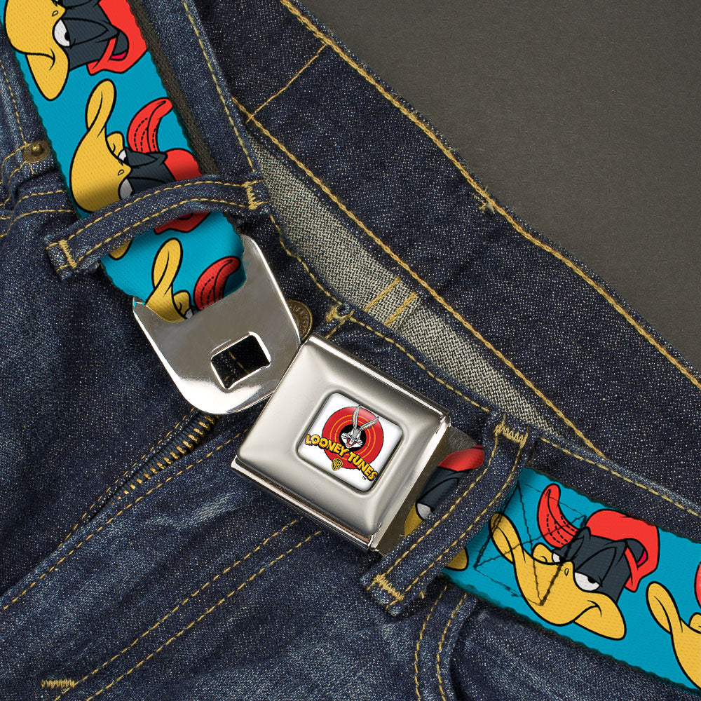 Looney Tunes Logo Full Color White Seatbelt Belt - Daffy Duck Hip Hop Expression Turquoise Webbing Seatbelt Belts Looney Tunes