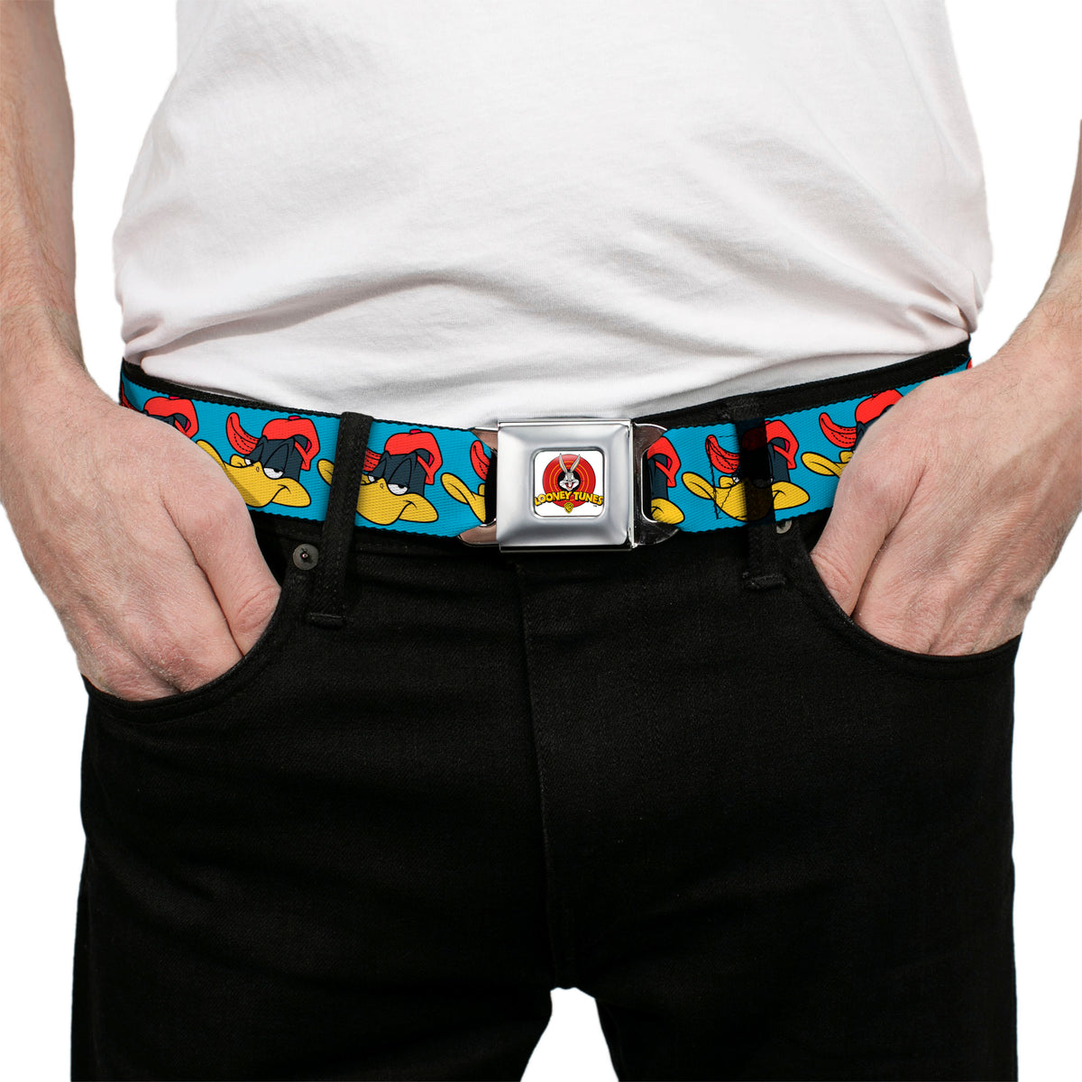 Looney Tunes Logo Full Color White Seatbelt Belt - Daffy Duck Hip Hop Expression Turquoise Webbing Seatbelt Belts Looney Tunes