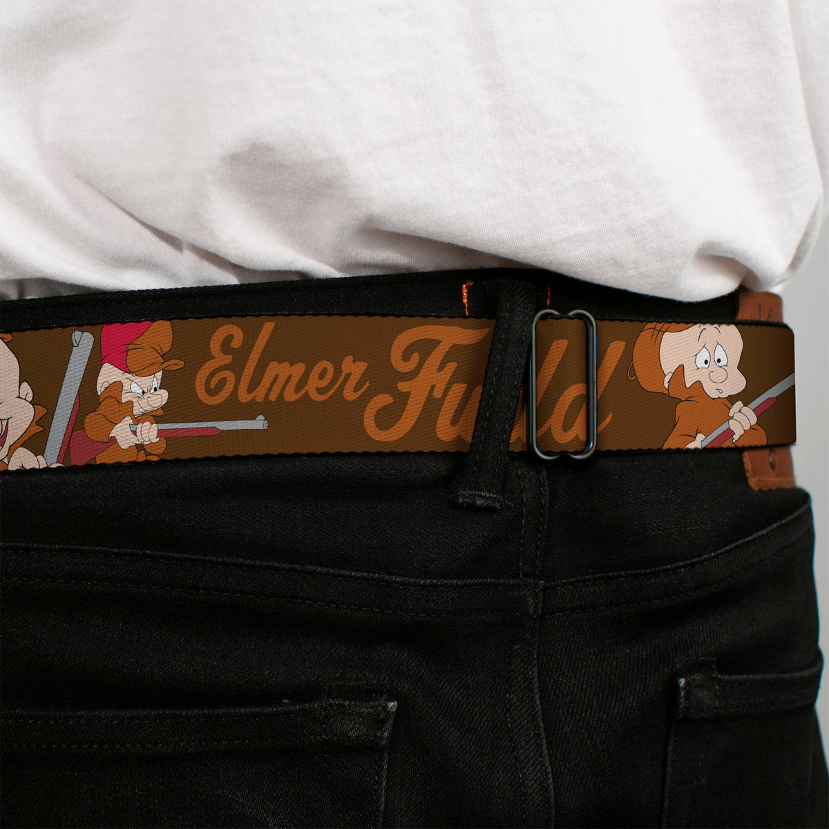 Looney Tunes Logo Full Color White Seatbelt Belt - ELMER FUDD w/Poses Browns Webbing Seatbelt Belts Looney Tunes