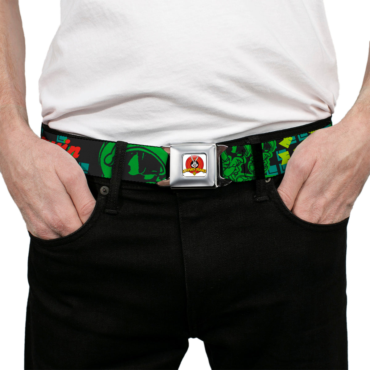 Looney Tunes Logo Full Color White Seatbelt Belt - MARVIN THE MARTIAN w/Poses Black/Turquoise Webbing Seatbelt Belts Looney Tunes
