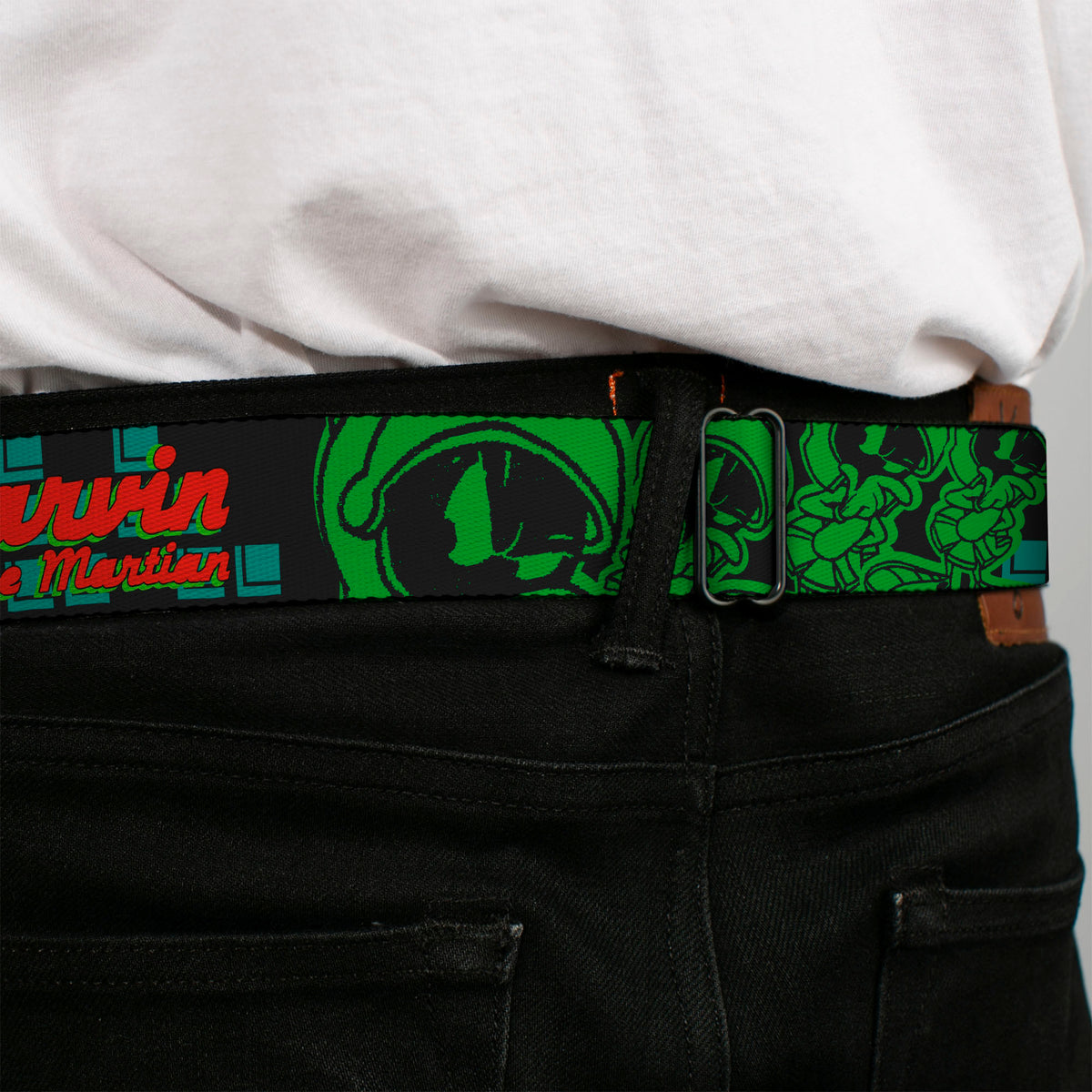 Looney Tunes Logo Full Color White Seatbelt Belt - MARVIN THE MARTIAN w/Poses Black/Turquoise Webbing Seatbelt Belts Looney Tunes