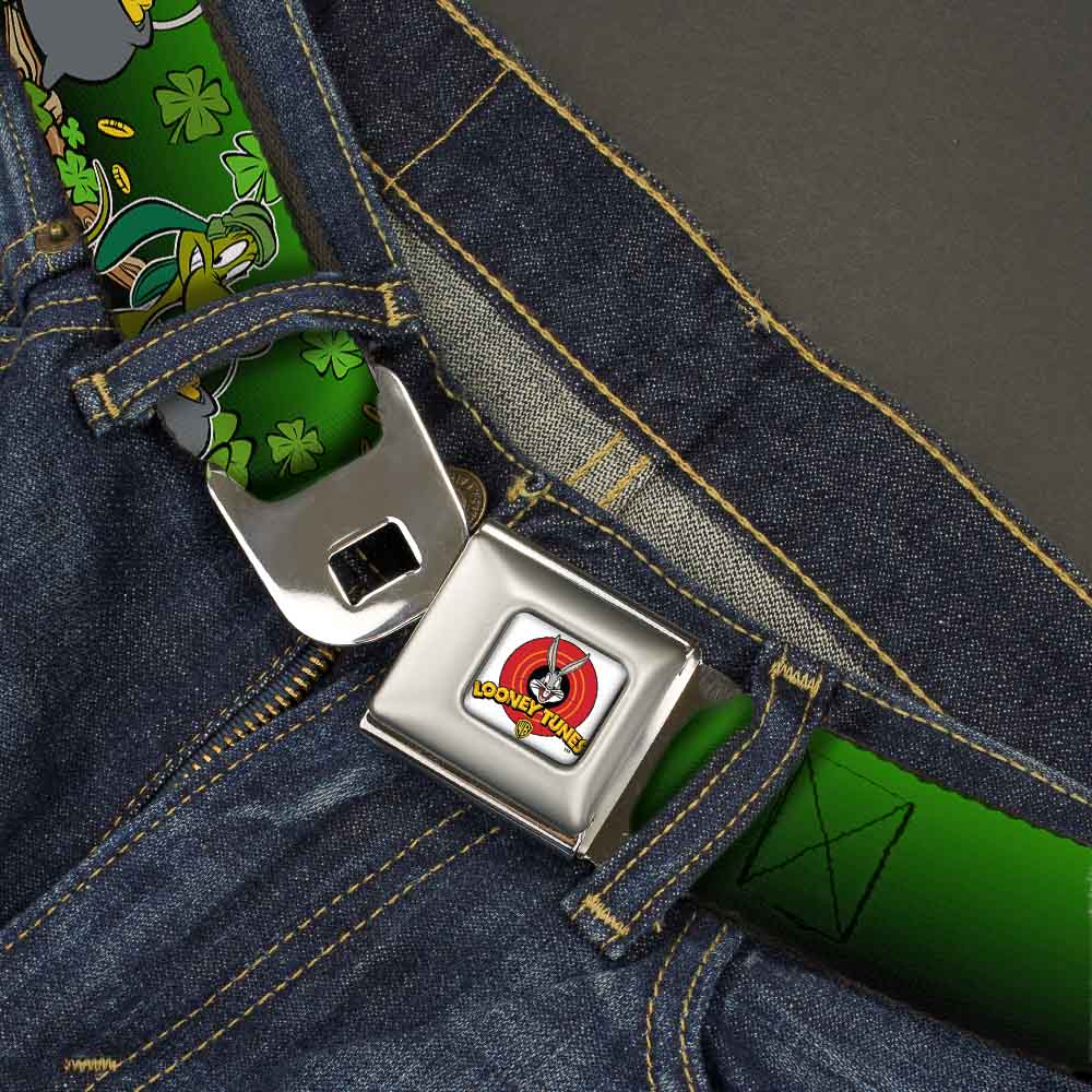 Looney Tunes Logo Full Color White Seatbelt Belt - Marvin the Martian & K-9 Poses/Clovers Greens Webbing Seatbelt Belts Looney Tunes