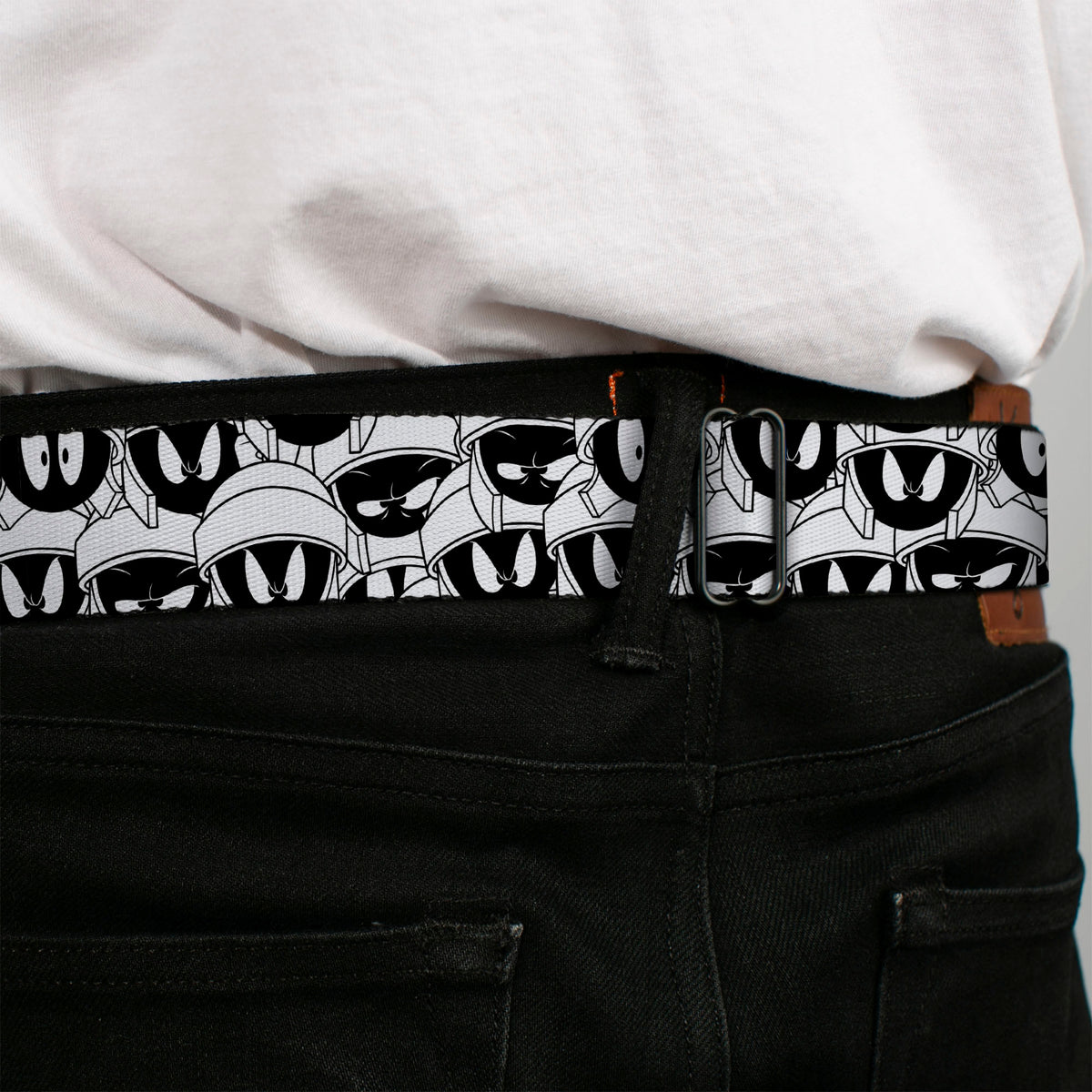 Looney Tunes Logo Full Color White Seatbelt Belt - Marvin the Martian Expressions Stacked White/Black/Green/Gold Webbing Seatbelt Belts Looney Tunes