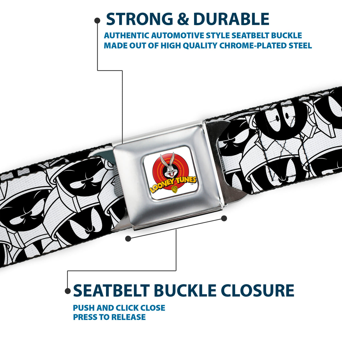 Looney Tunes Logo Full Color White Seatbelt Belt - Marvin the Martian Expressions Stacked White/Black/Green/Gold Webbing Seatbelt Belts Looney Tunes