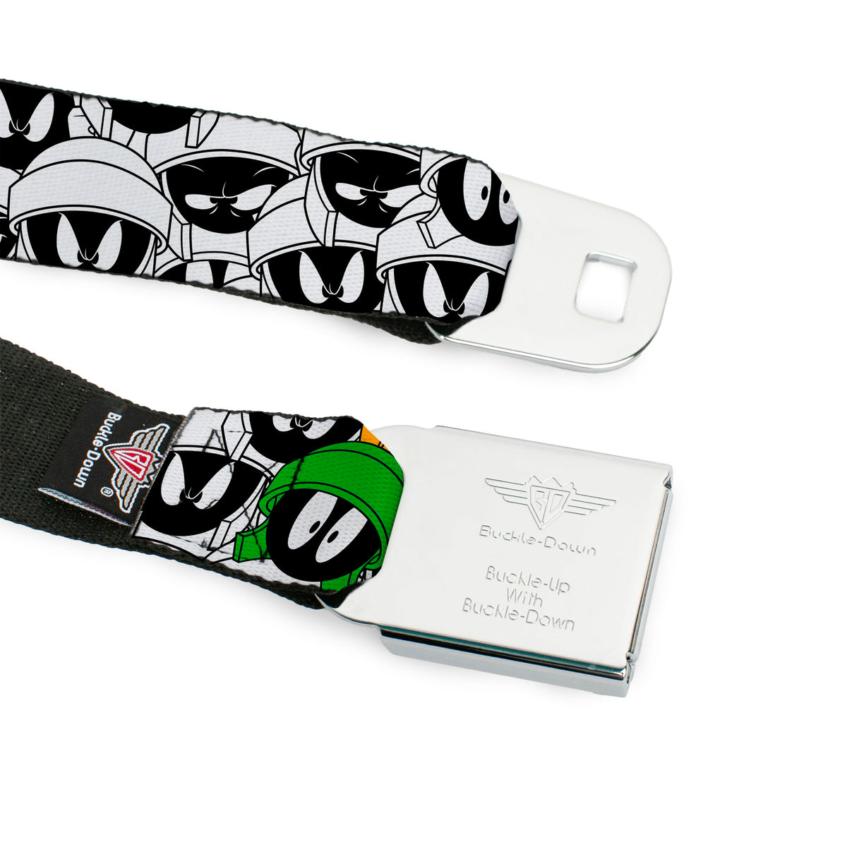 Looney Tunes Logo Full Color White Seatbelt Belt - Marvin the Martian Expressions Stacked White/Black/Green/Gold Webbing Seatbelt Belts Looney Tunes