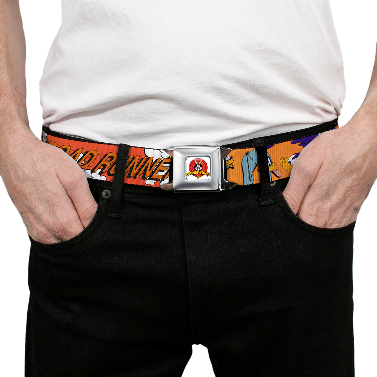Looney Tunes Logo Full Color White Seatbelt Belt - ROAD RUNNER w/Road Runner Poses Orange Webbing Seatbelt Belts Looney Tunes