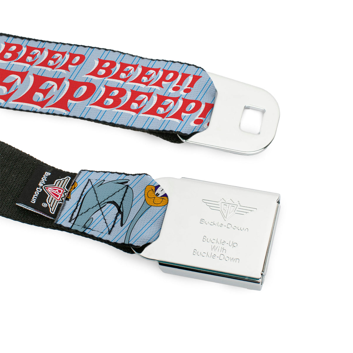 Looney Tunes Logo Full Color White Seatbelt Belt - MEEP MEEP!! w/Road Runner Poses Baby Blue Webbing Seatbelt Belts Looney Tunes