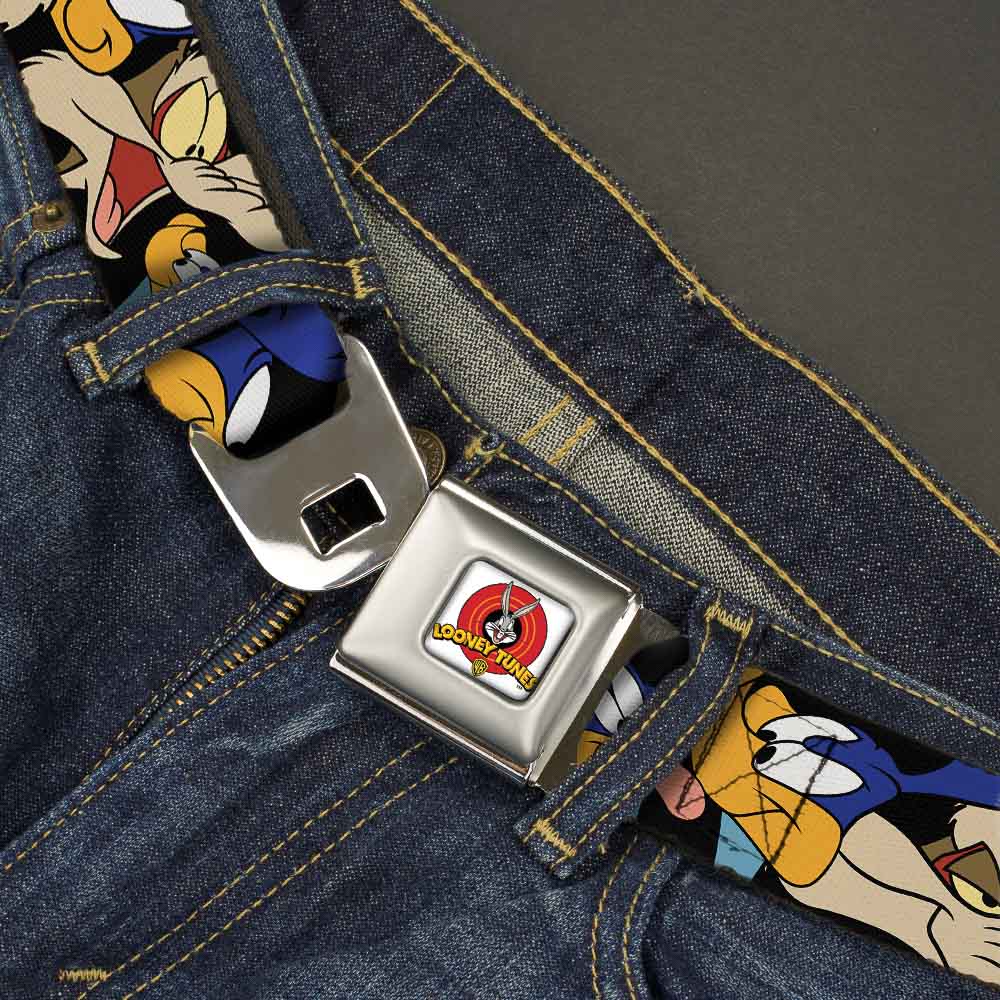 Looney Tunes Logo Full Color White Seatbelt Belt - Road Runner/Wile E. Coyote Expressions Stacked Black Webbing Seatbelt Belts Looney Tunes