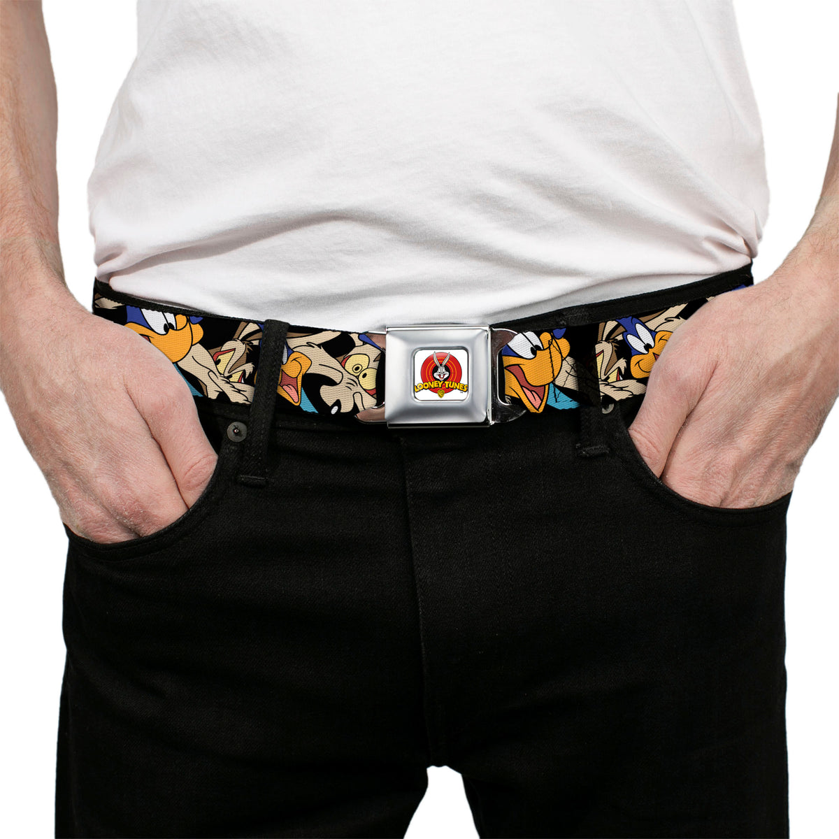 Looney Tunes Logo Full Color White Seatbelt Belt - Road Runner/Wile E. Coyote Expressions Stacked Black Webbing Seatbelt Belts Looney Tunes